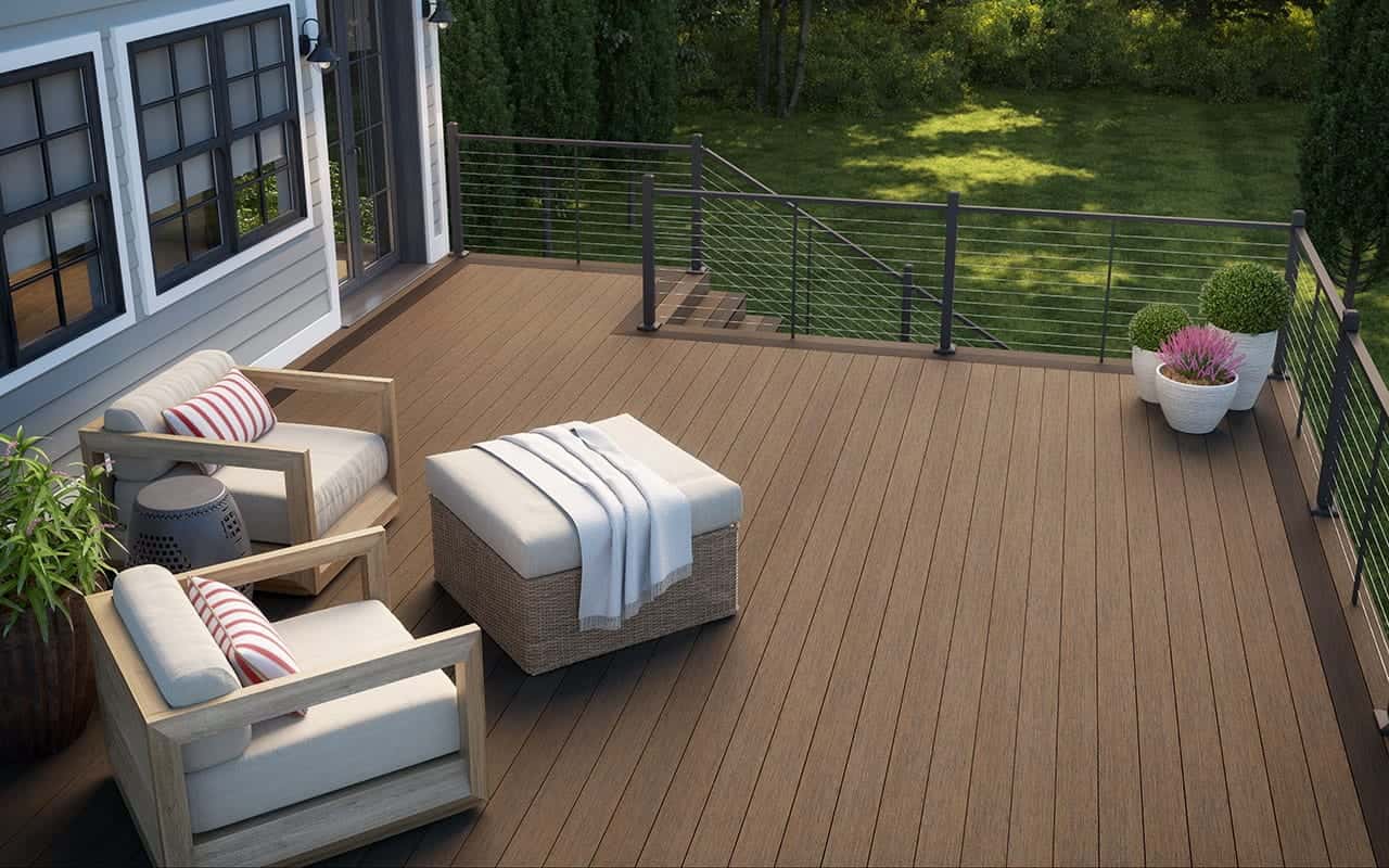 Deckorators ALX Contemporary cable railing used on an exterior deck patio