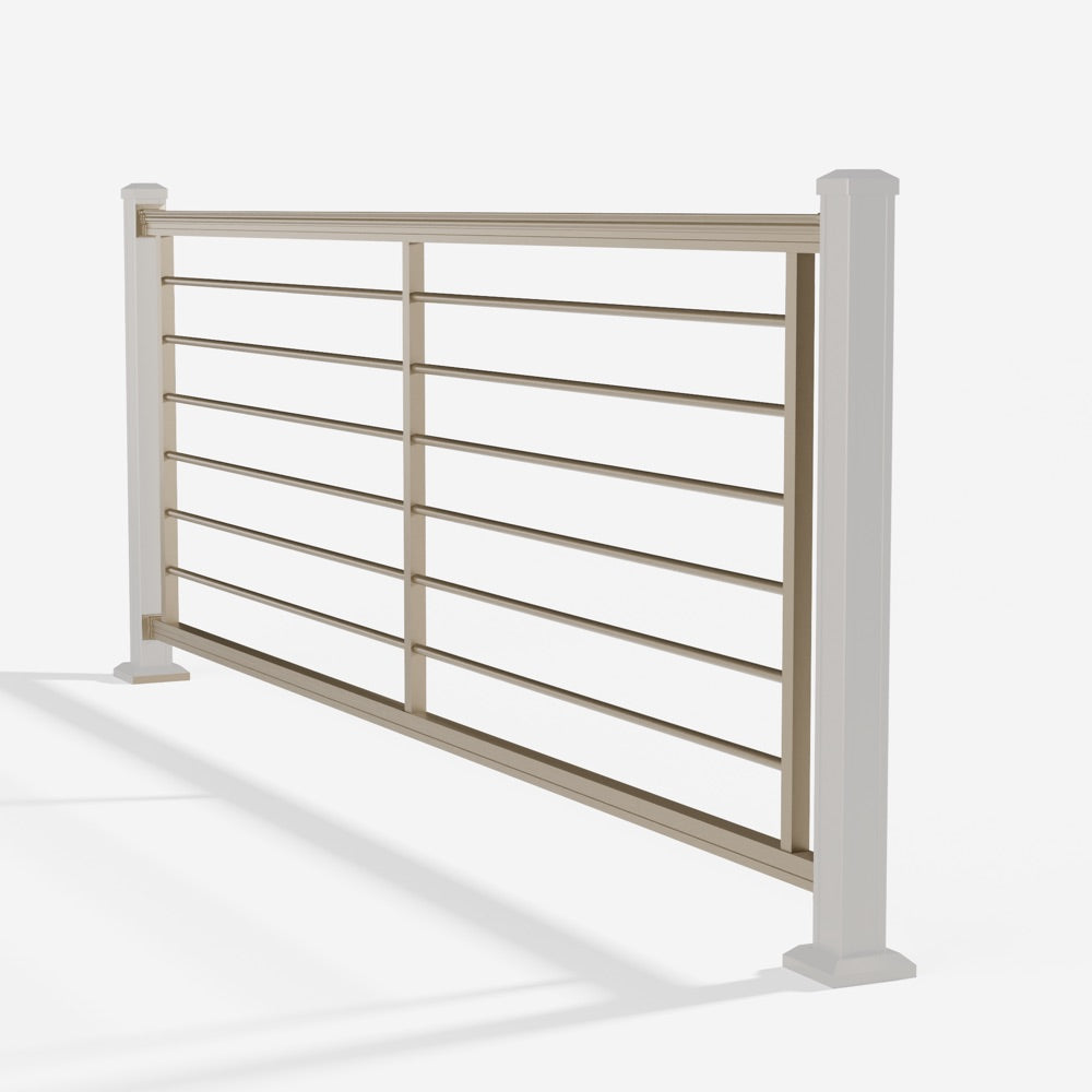 Keylink American Series Horizontal Aluminum Rod Railing in satin driftwood — kit components (ghosted)