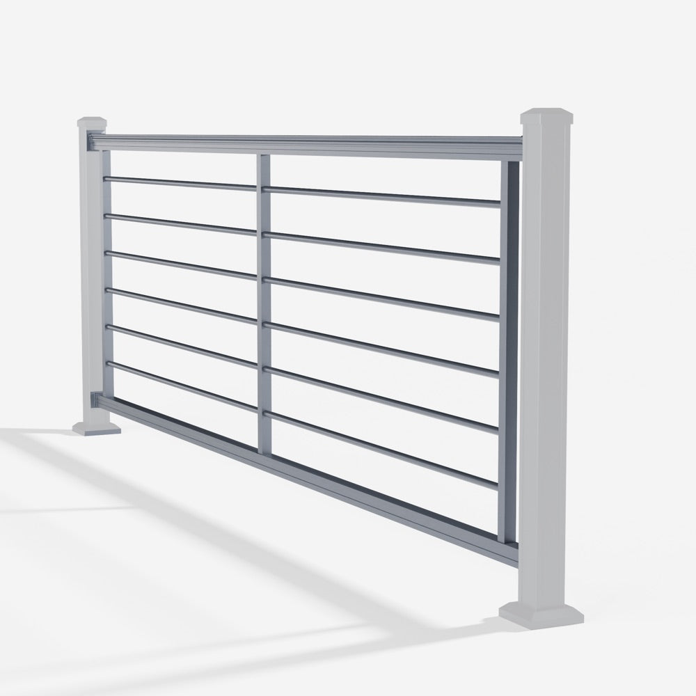 Keylink American Series Horizontal Aluminum Rod Railing in satin storm — kit components (ghosted)