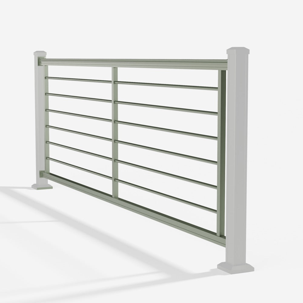 Keylink American Series Horizontal Aluminum Rod Railing in satin willow — kit components (ghosted)