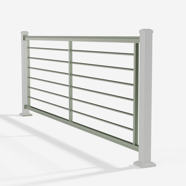 Keylink American Series Horizontal Aluminum Rod Railing in satin willow — kit components (ghosted)