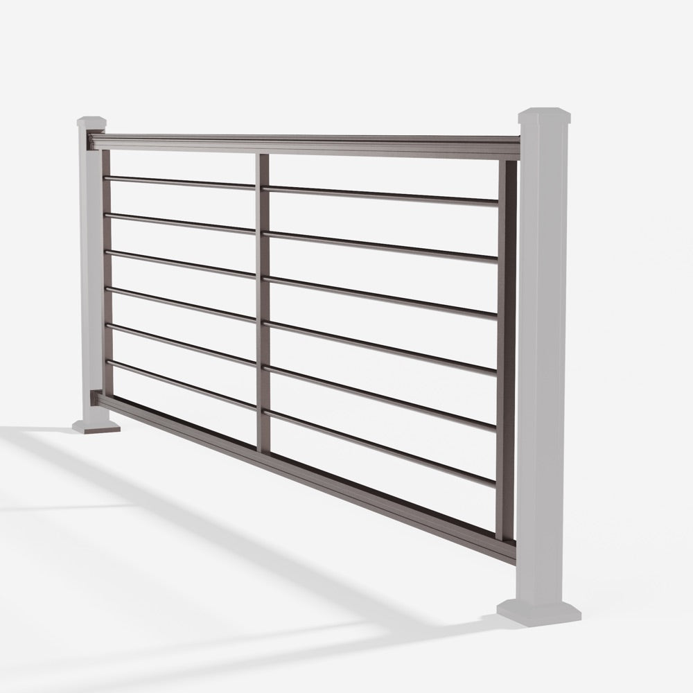 Keylink American Series Horizontal Aluminum Rod Railing in textured bronze — kit components (ghosted)