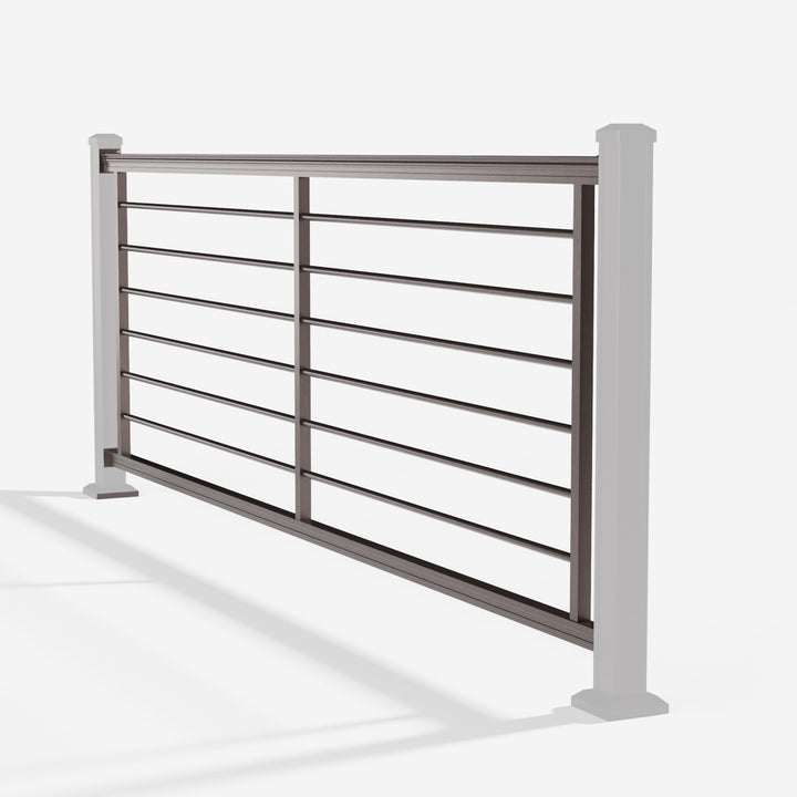 Keylink American Series Horizontal Aluminum Rod Railing in textured bronze — kit components (ghosted)