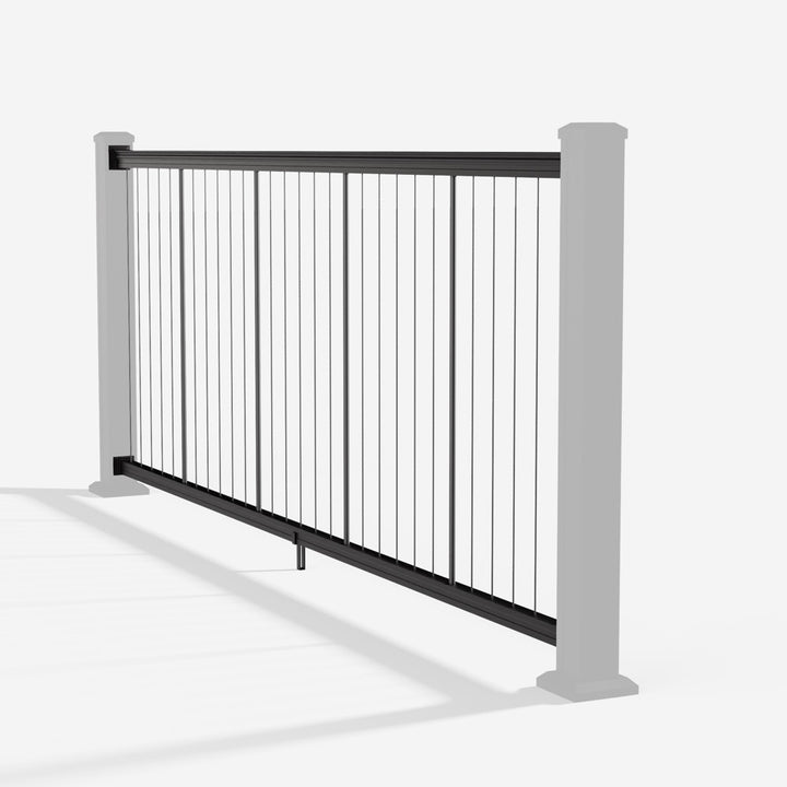 Keylink American Series Vertical Cable Railing System (Black Cable Infill) in matte black — kit components (ghosted)