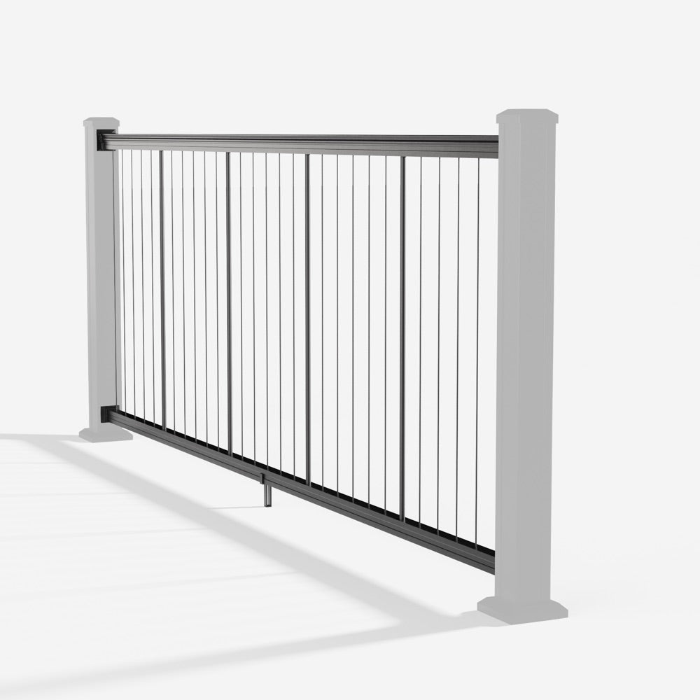 Keylink American Series Vertical Cable Railing System (Black Cable Infill) in textured black — kit components (ghosted)