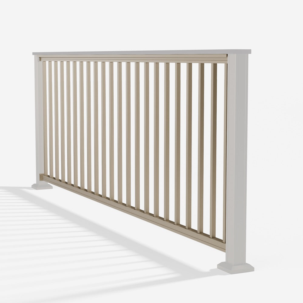 Keylink Chesapeake Series Square Baluster Railing in satin driftwood — kit components (ghosted)
