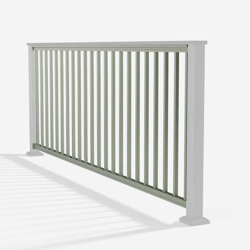 Keylink Chesapeake Series Square Baluster Railing in satin willow — kit components (ghosted)