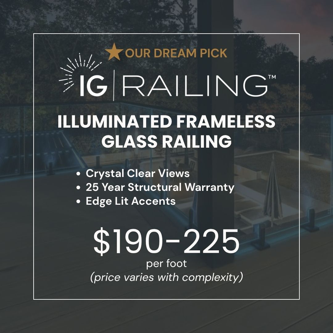 Promotional card for IG Railing illuminated frameless glass railing, marked as our dream pick, listing crystal clear views, a 25 year structural warranty, edge lit accents, and a price of $190 to $225 per foot.