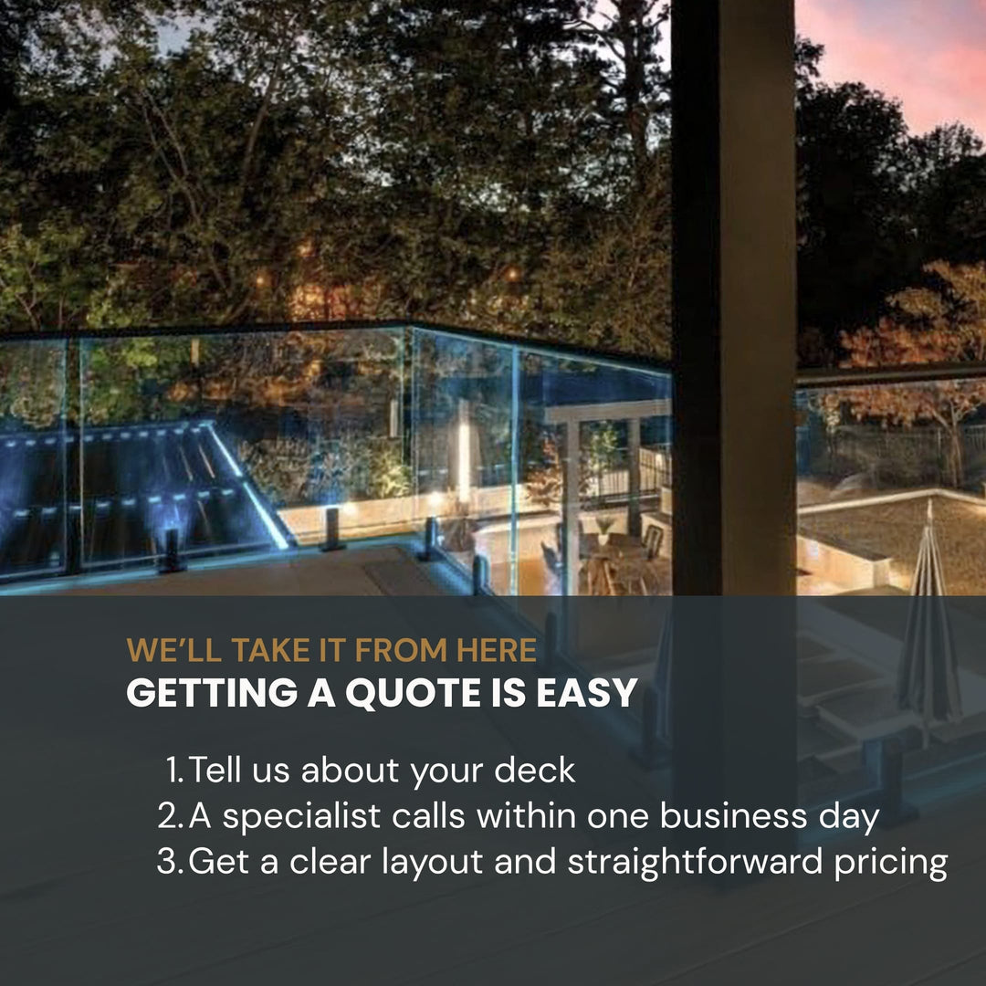 Promotional graphic for a deck quote service, featuring a modern glass-enclosed outdoor deck at dusk with trees in the background and overlaid text explaining the quote process.