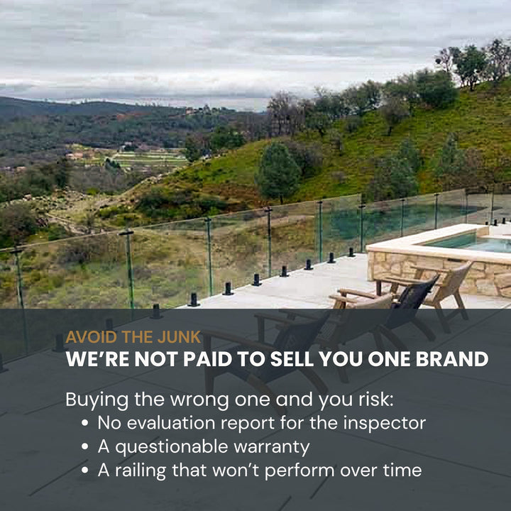 A promotional graphic over a landscape photo of a modern glass pool fence and outdoor patio with a stone hot tub. Large text overlays read 'AVOID THE JUNK WE'RE NOT PAID TO SELL YOU ONE BRAND' with bullet points about risks of buying the wrong one.