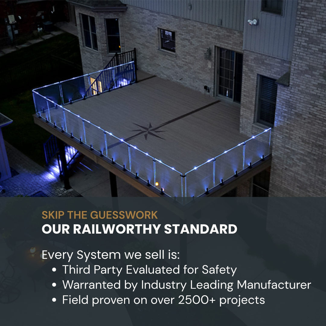 A nighttime aerial view of a wooden deck with glass railings illuminated by blue LED lights, attached to a house. Large text overlays at the bottom read 'SKIP THE GUESSWORK OUR RAILWORTHY STANDARD' and list safety and manufacturer guarantees.