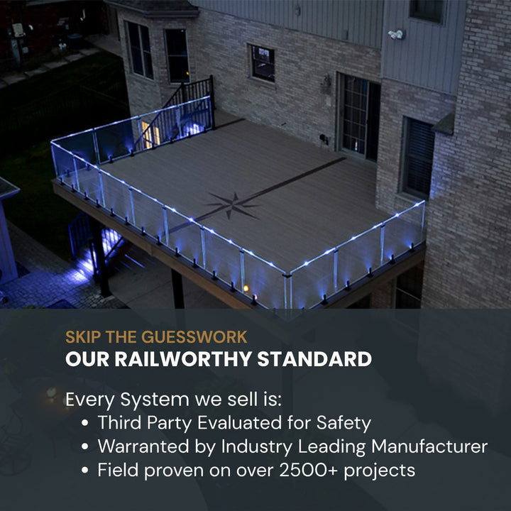 A nighttime aerial view of a wooden deck with glass railings illuminated by blue LED lights, attached to a house. Large text overlays at the bottom read 'SKIP THE GUESSWORK OUR RAILWORTHY STANDARD' and list safety and manufacturer guarantees.