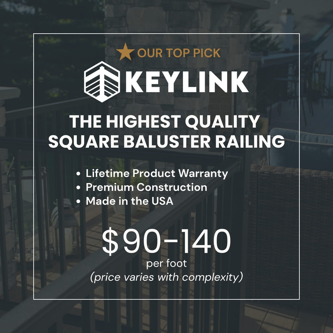 Promotional graphic for Keylink square baluster railing, featuring product text and pricing over a dark outdoor railing background. The design includes a gold star icon, the Keylink brand name, and pricing information of $90-140 per foot.