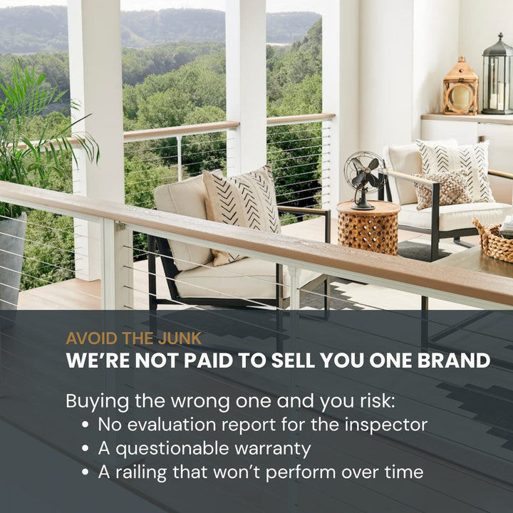 Promotional graphic for a deck and patio furniture inspection service, featuring a modern outdoor patio with beige chairs, a small wooden side table, and a view of green hills in the background. A dark translucent text box at the bottom reads 'AVOID THE JUNK' and 'WE'RE NOT PAID TO SELL YOU ONE BRAND' followed by bullet points about risks when buying the wrong furniture.