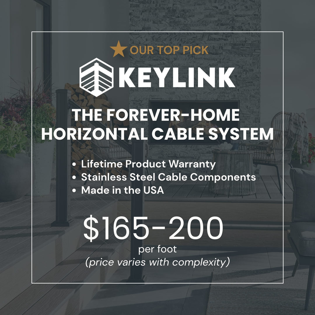 Promotional graphic for Keylink horizontal cable system with text overlays on a patio background. The image features the Keylink brand logo and highlights key selling points: 'The Forever-Home Horizontal Cable System', 'Lifetime Product Warranty', 'Stainless Steel Cable Components', and 'Made in the USA'.