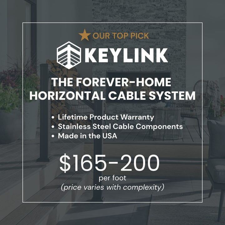 Promotional graphic for Keylink horizontal cable system with text overlays on a patio background. The image features the Keylink brand logo and highlights key selling points: 'The Forever-Home Horizontal Cable System', 'Lifetime Product Warranty', 'Stainless Steel Cable Components', and 'Made in the USA'.