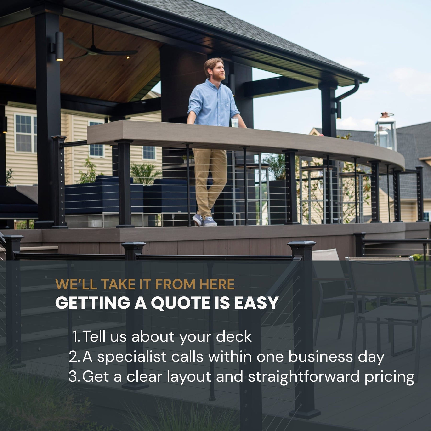 A man walks across a modern deck with a curved railing on a residential porch, with promotional text overlaid at the bottom about getting a quote.