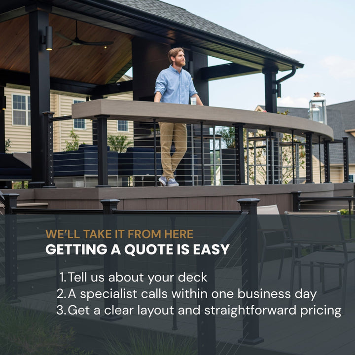 A man walks across a modern deck with a curved railing on a residential porch, with promotional text overlaid at the bottom about getting a quote.