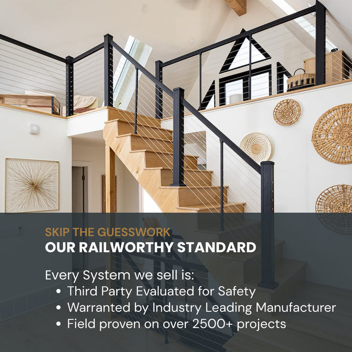 Modern wooden staircase with black metal cable railings in a bright home interior, with promotional text overlay at the bottom.
