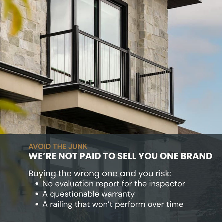 Modern stone house exterior with black metal balcony vertical cable railings and a dark text overlay warning about avoiding junk brands and ensuring quality.