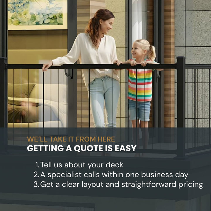 A woman and a child standing on a balcony or deck with a black railing in a modern home interior. Large overlaid marketing text reads, 'WE'LL TAKE IT FROM HERE GETTING A QUOTE IS EASY' with three bullet points below about getting a quote.