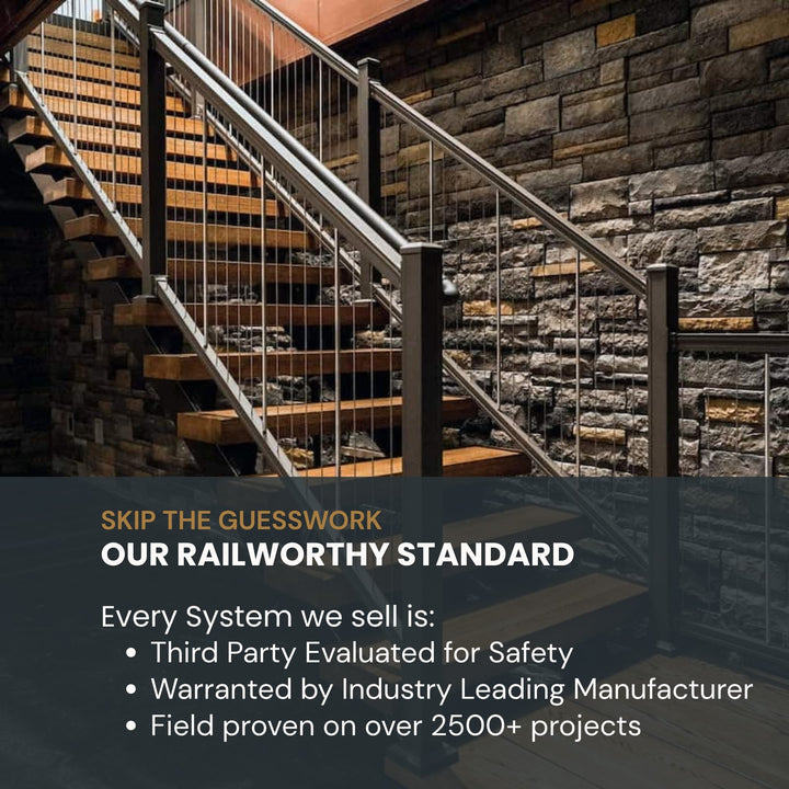 An indoor staircase with wooden steps and dark metal railings against a stone wall, with overlaid marketing text about railworthy standards and safety.