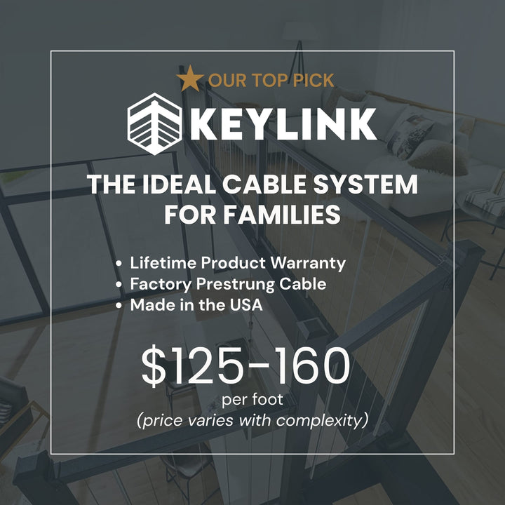 Promotional graphic for Keylink cable system with text overlays on a dark, modern staircase background. The graphic highlights features like lifetime product warranty, factory Peergreen cable, made in the USA, and a price of $125-160 per foot.