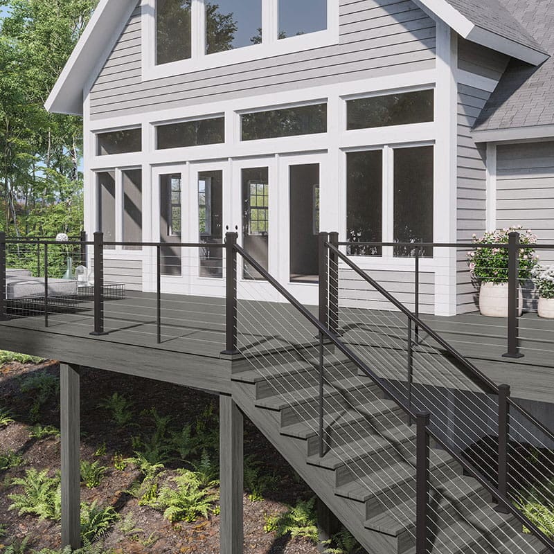 Deckorators Cable Deck Railing Kit used on a backyard deck