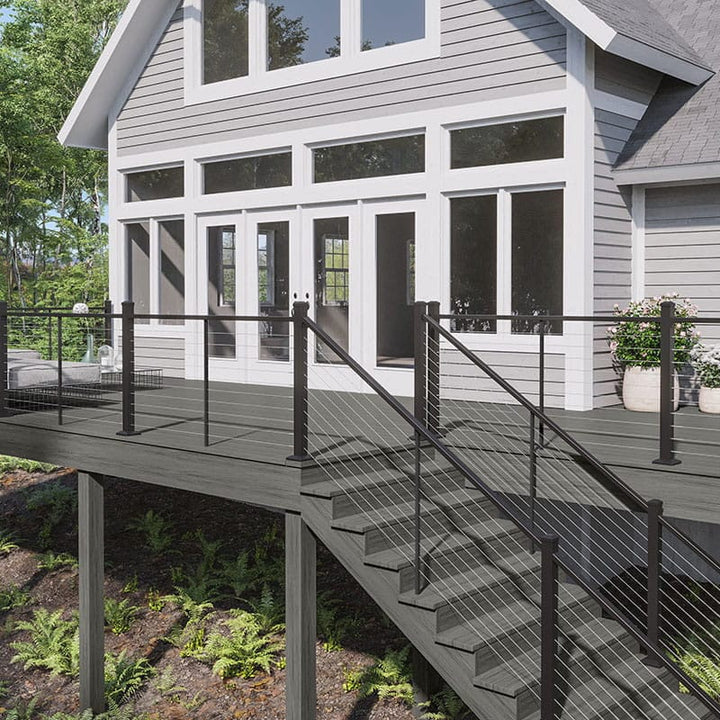 Deckorators Cable Deck Railing Kit used on a backyard deck
