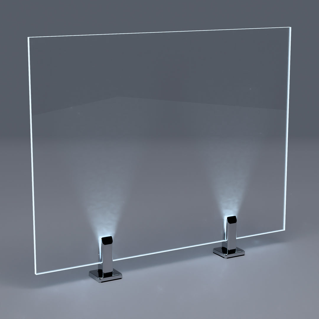 IG Railing frameless glass panel with LED spigot lighting at night, front view