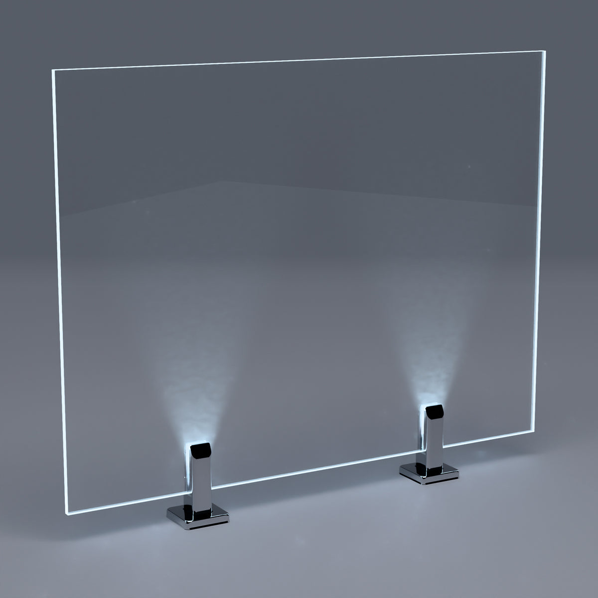 IG Railing frameless glass panel with LED spigot lighting at night, front view