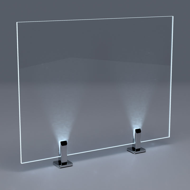 IG Railing frameless glass panel with LED spigot lighting at night, front view