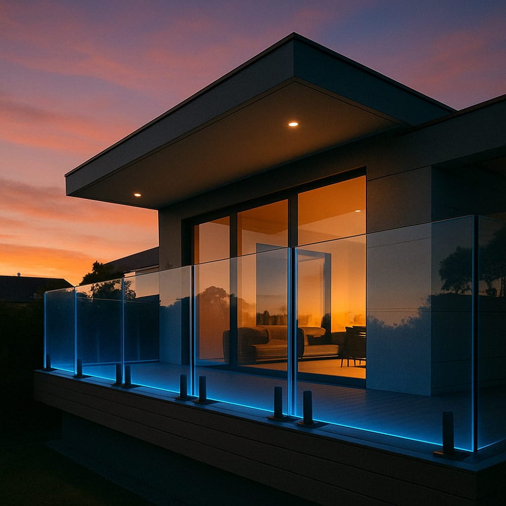 IG Railing frameless glass railing panels with blue LED base lighting on a modern deck at sunset