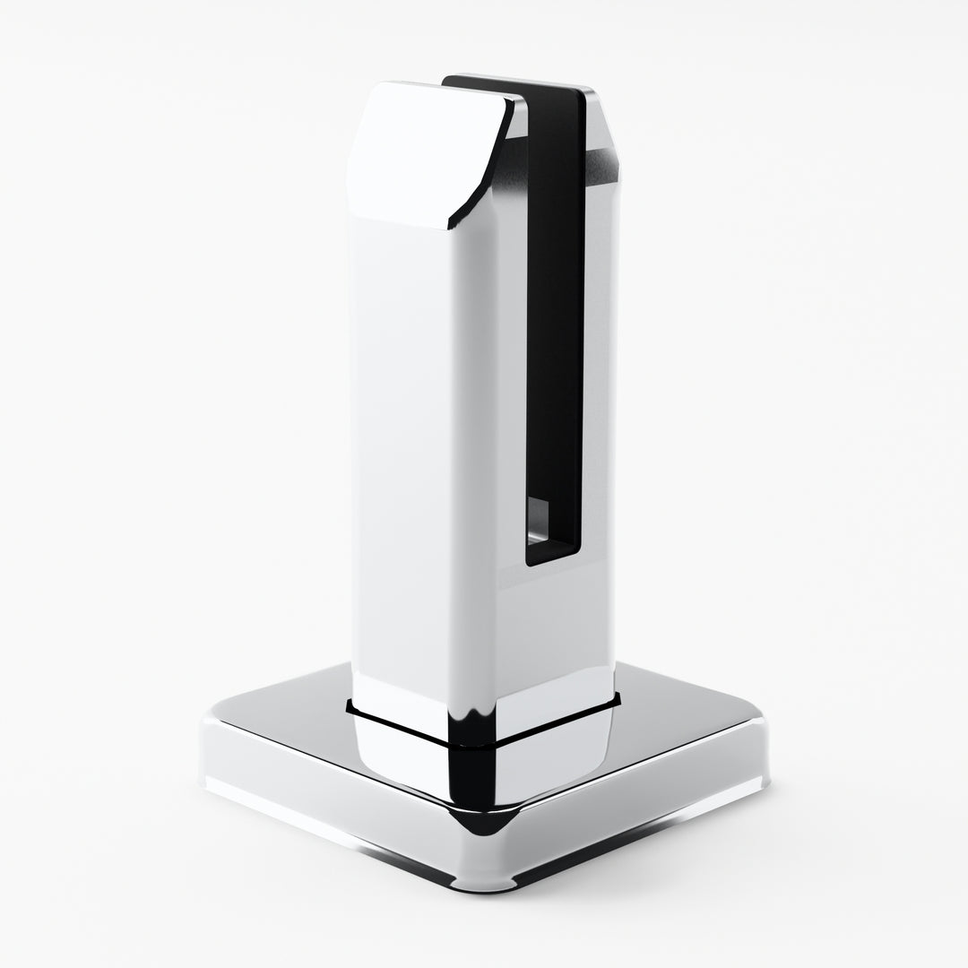 IG Railing glass spigot in polished stainless steel, rear three-quarter view