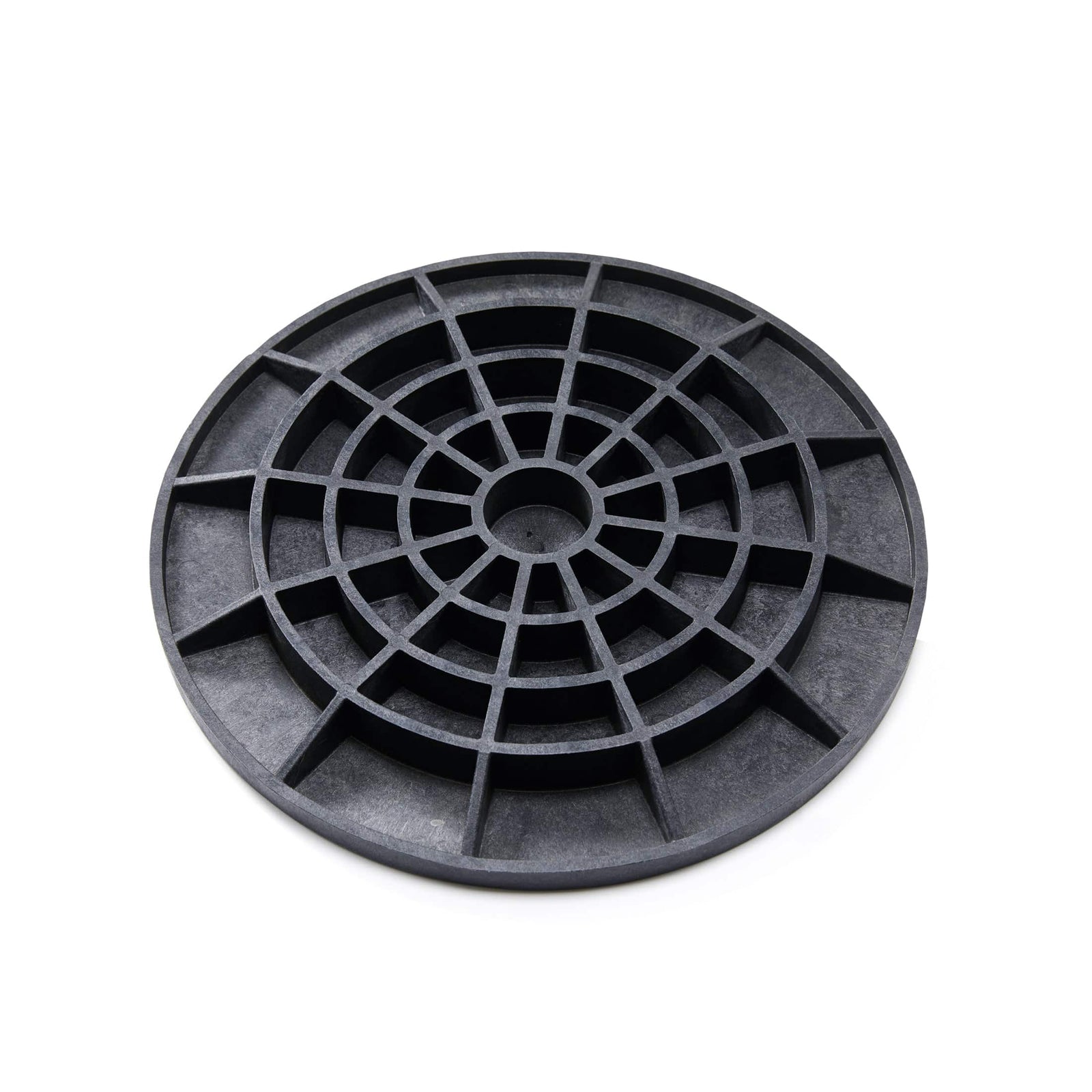 16\" FootingPad structural post foundation, round black composite pad on white background