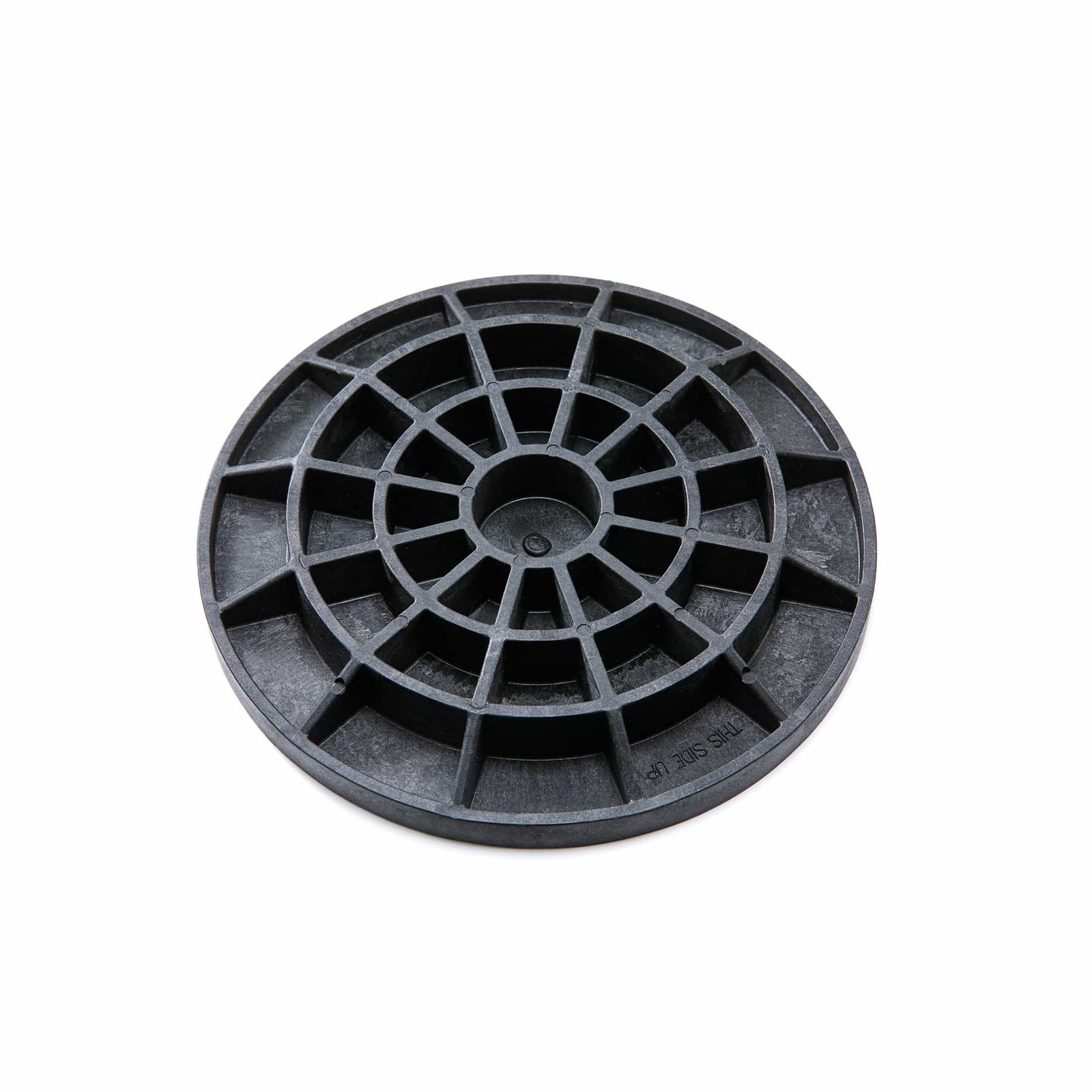 12\" FootingPad structural post foundation, round dark gray composite pad on white background