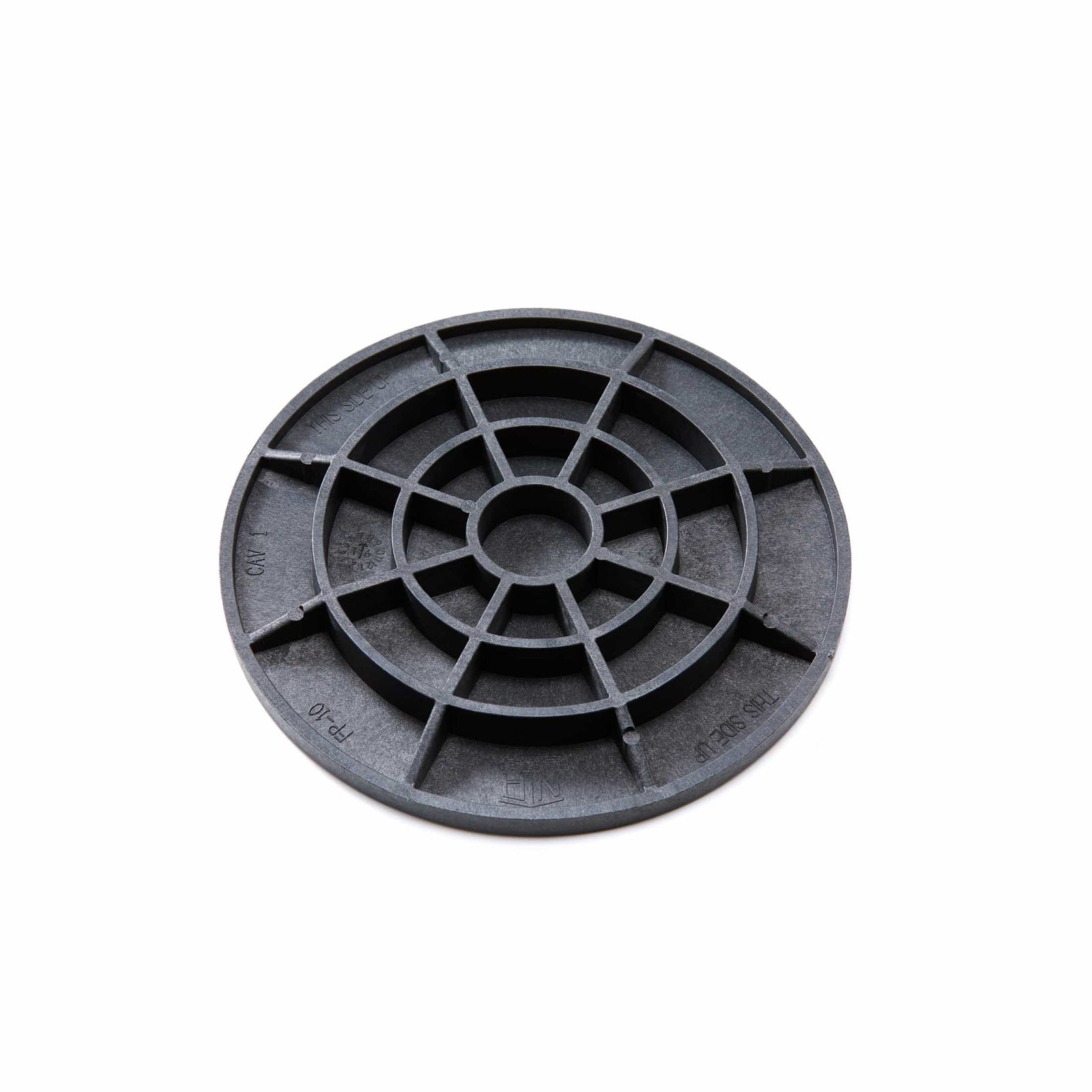 10\" FootingPad structural post foundation, round dark gray composite pad on white background
