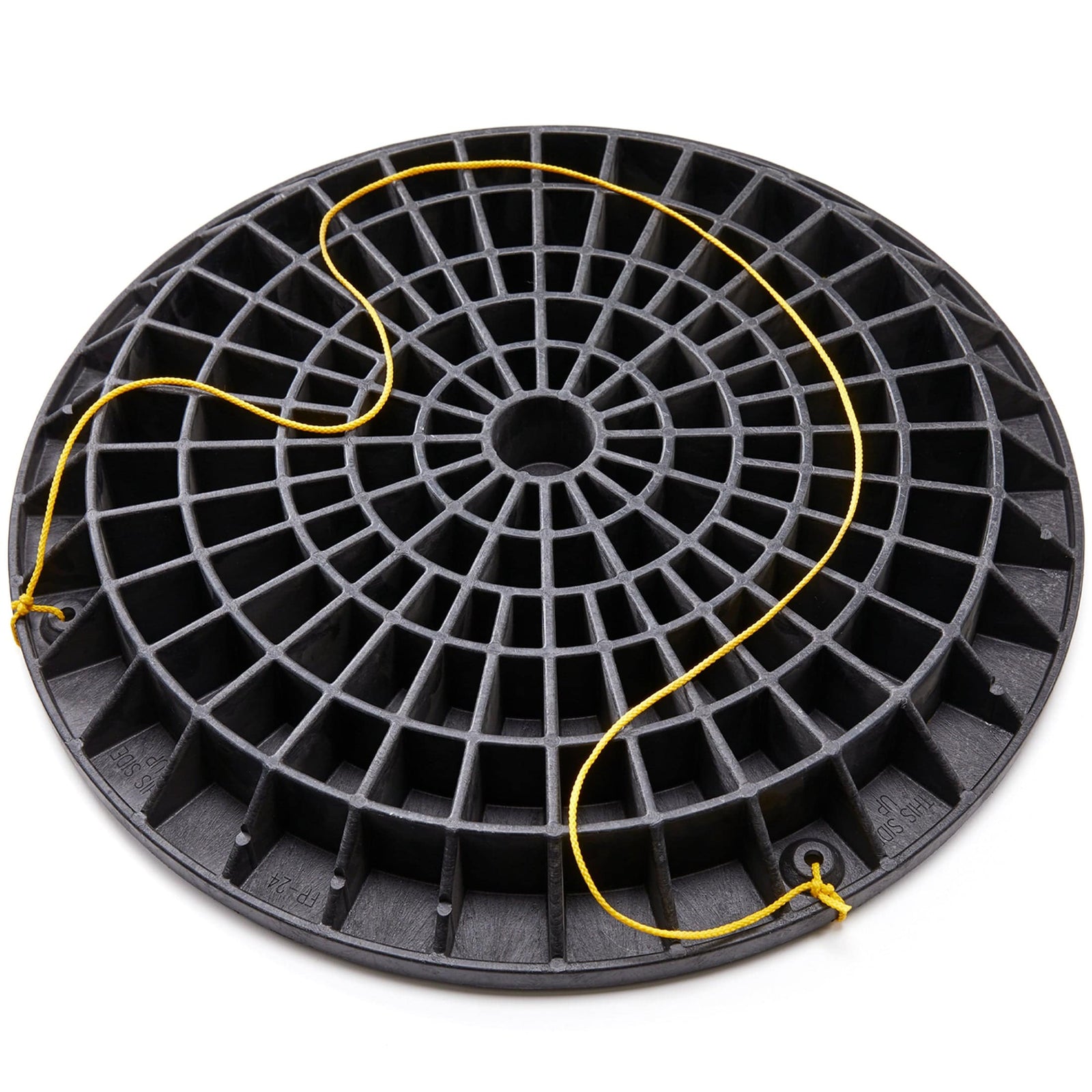 24\" FootingPad structural post foundation, round black composite pad with radial grid pattern