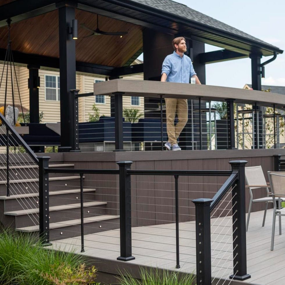 Key-Link horizontal cable railing kit in textured black with stainless cables on residential deck